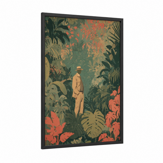 Tropical Explorer framed men's fashion print — black wood frame — dark green and peach palette