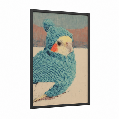 Cozy Cockatiel framed art print — black wood frame — teal and cream palette