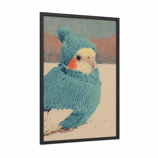 Cozy Cockatiel framed art print — black wood frame — teal and cream palette