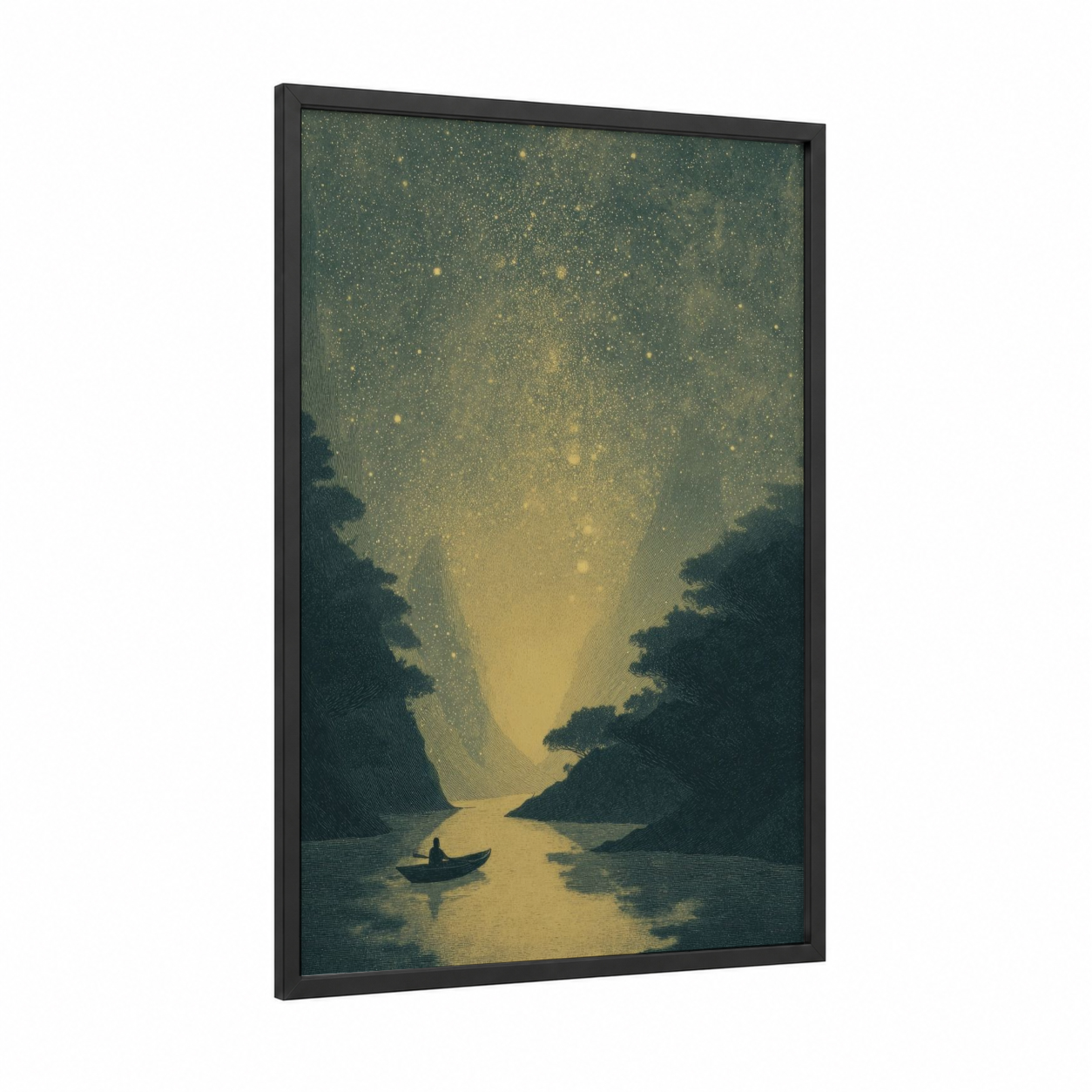 Starlit Canyon framed dreamscape print — black wood frame — gold and dark green palette