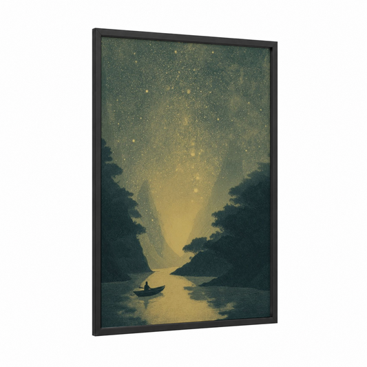 Starlit Canyon framed dreamscape print — black wood frame — gold and dark green palette
