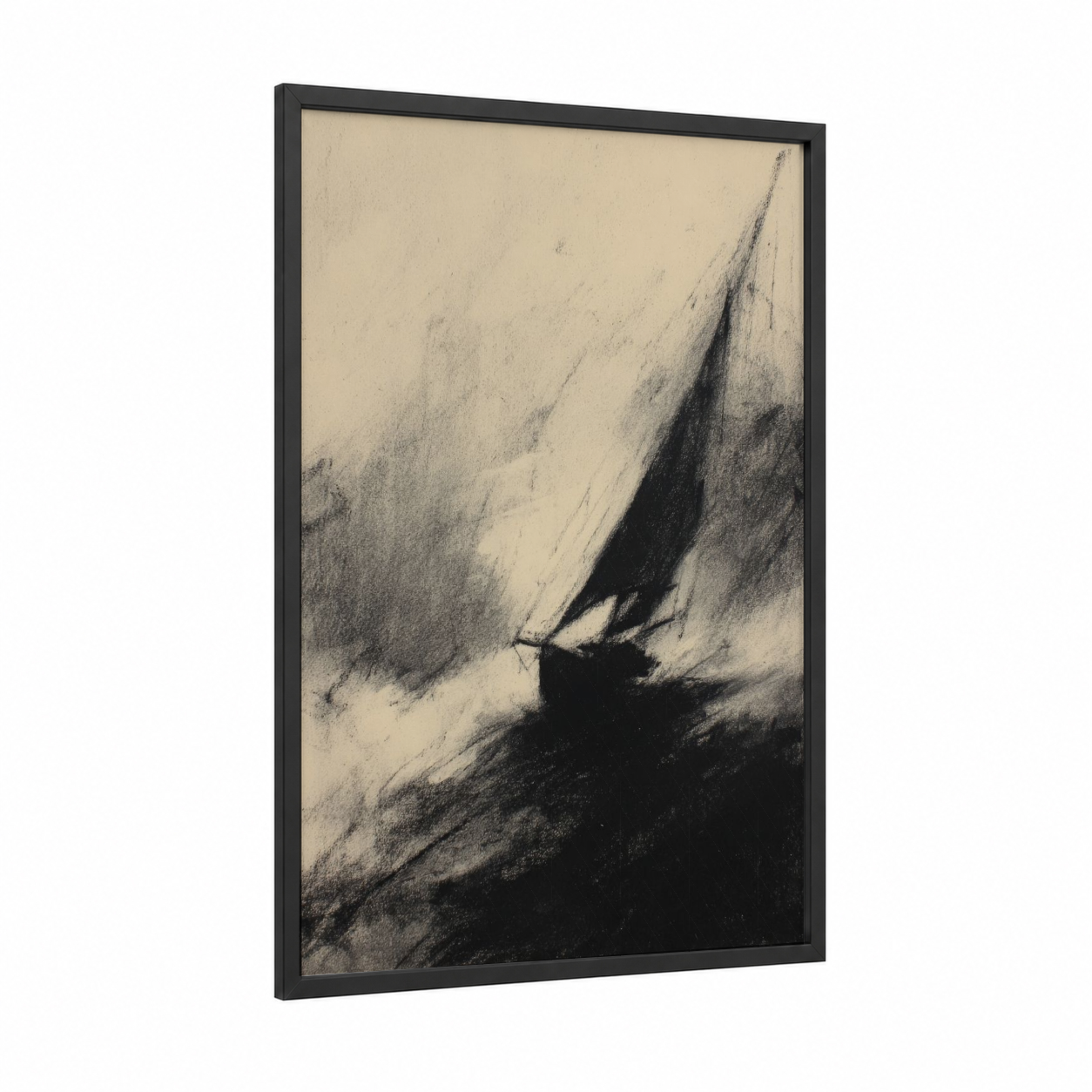 Stormy Sailboat framed sailing print — black wood frame — black and white and gray palette