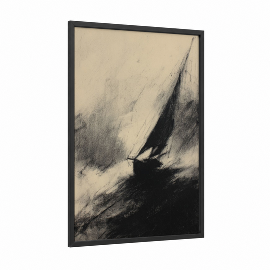 Stormy Sailboat framed sailing print — black wood frame — black and white and gray palette