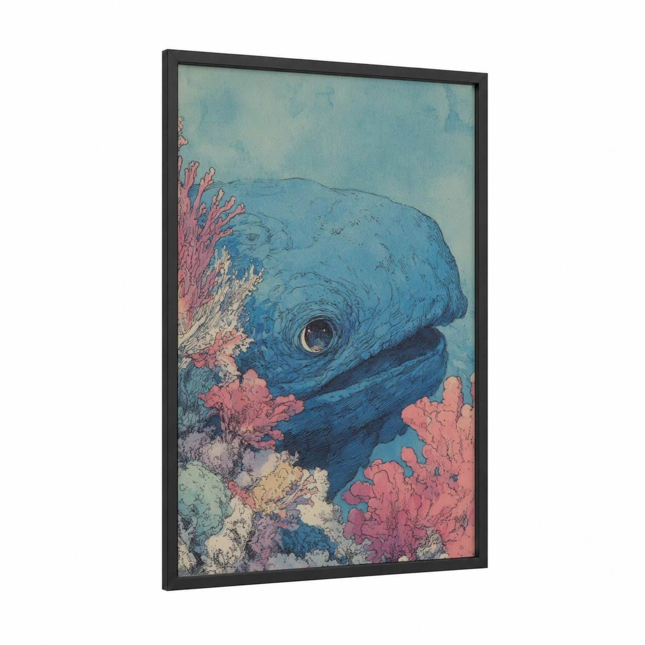 Coral Whale framed sperm whale print — black wood frame — blue and white and salmon pink palette