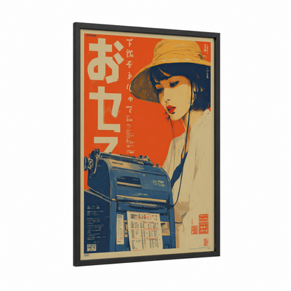 Vintage Telephone Girl framed vintage japanese ads print — black wood frame — orange palette