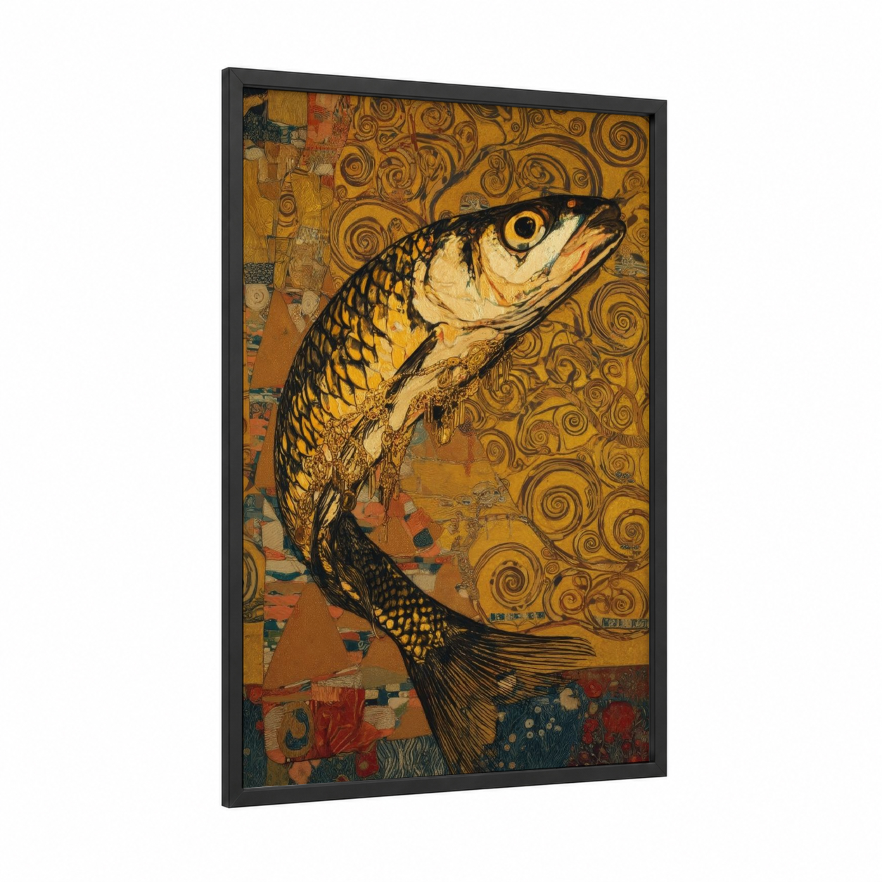 Golden Zebrafish framed art print — black wood frame — gold and black and gold palette