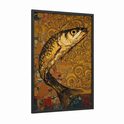 Golden Zebrafish framed art print — black wood frame — gold and black and gold palette