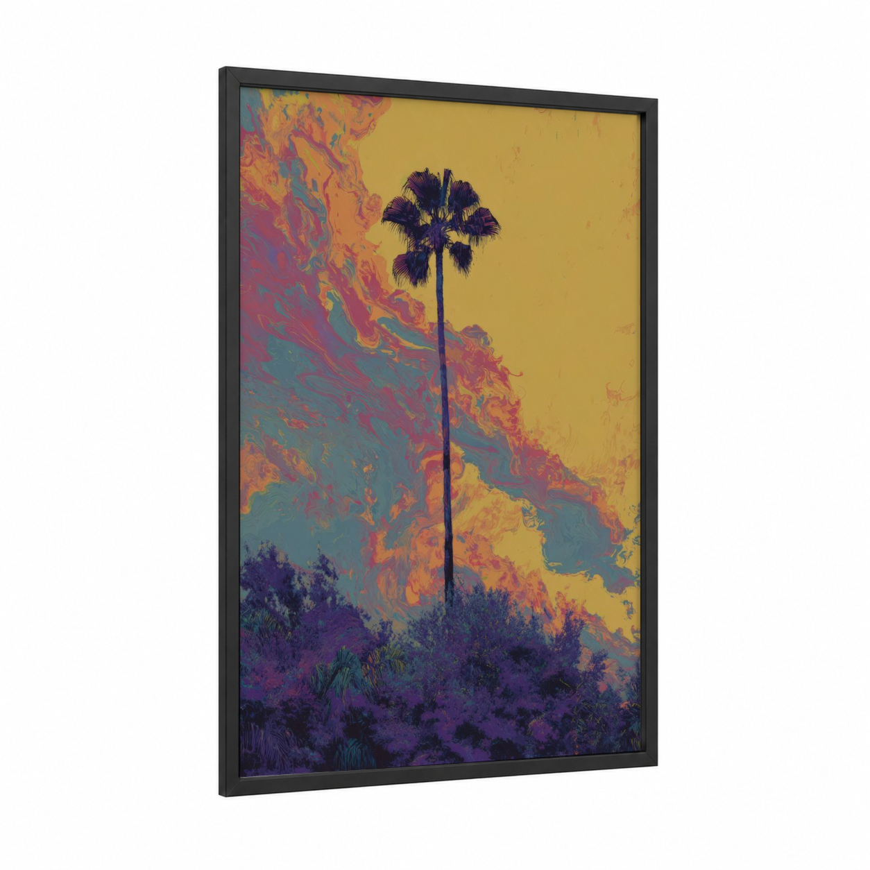 Sunset Palm framed palm tree print — black wood frame — gold and purple palette