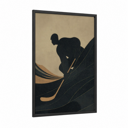 Silhouette Hockey Player framed ice hockey print — black wood frame — black and beige palette