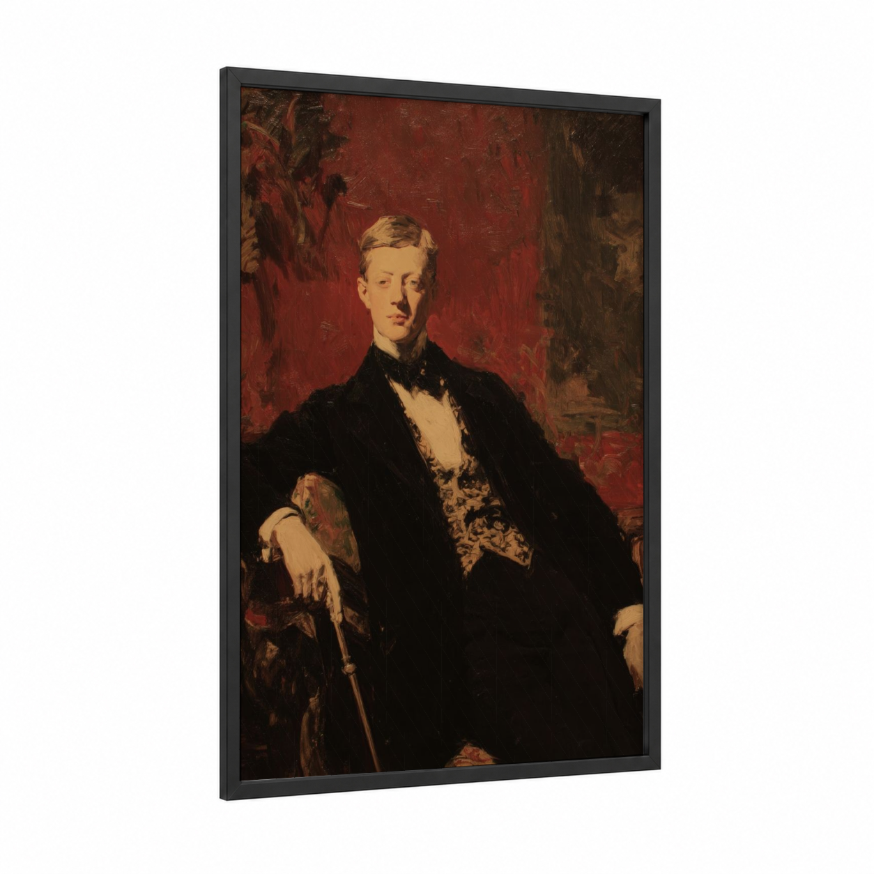 Gentleman Portrait framed retro fashion print — black wood frame — black and red and gold palette
