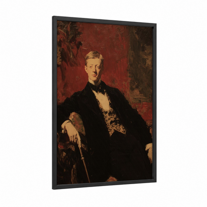 Gentleman Portrait framed retro fashion print — black wood frame — black and red and gold palette
