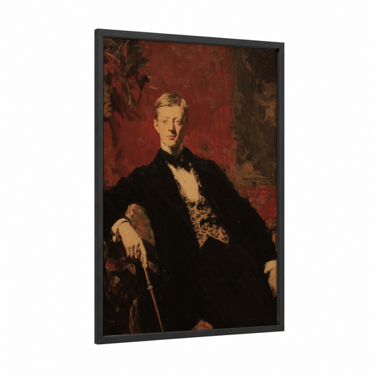 Gentleman Portrait framed retro fashion print — black wood frame — black and red and gold palette