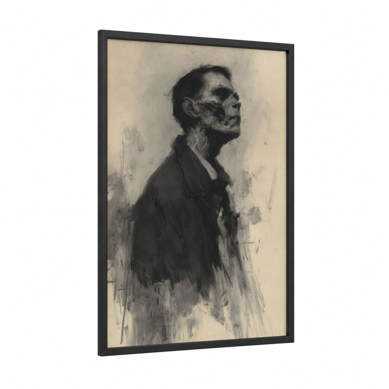 Haunting Profile framed zombie print — black wood frame — black and white and gray palette