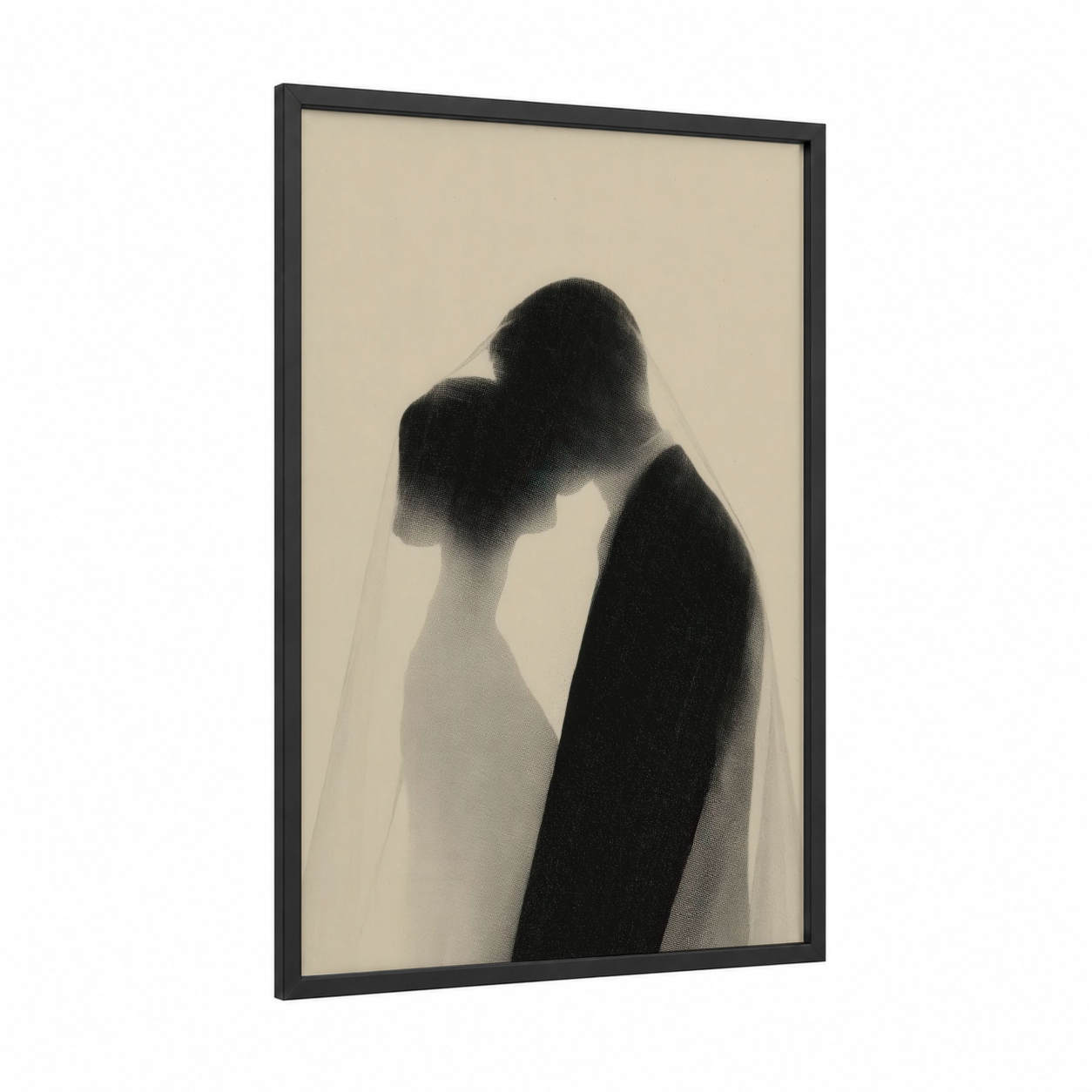 Veiled Romance framed groom and bride print — black wood frame — black and white and cream palette