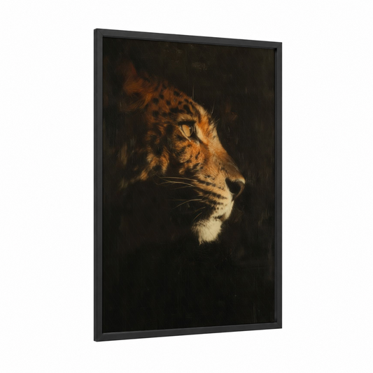 Golden Leopard framed art print — black wood frame — gold and black palette