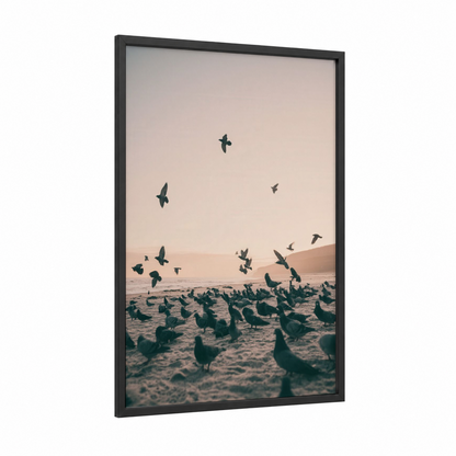 Sandy Pigeon Flock framed art print — black wood frame — beige and gold palette