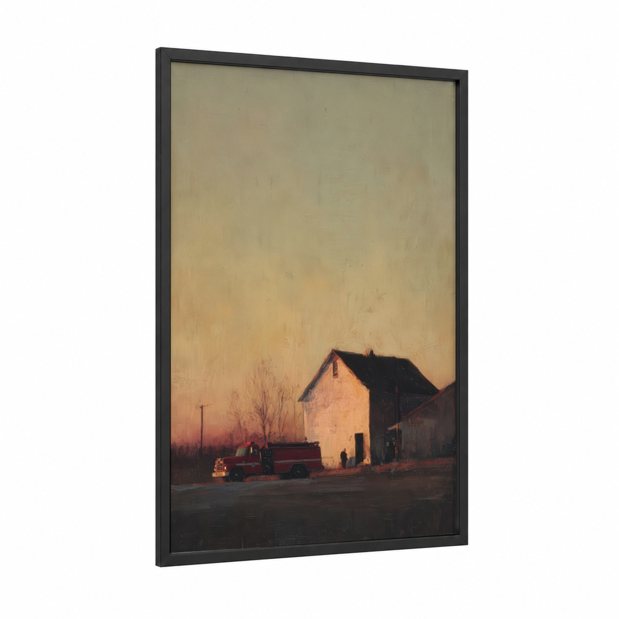Rural Fire Station framed fire engine print — black wood frame — gold and black and white palette