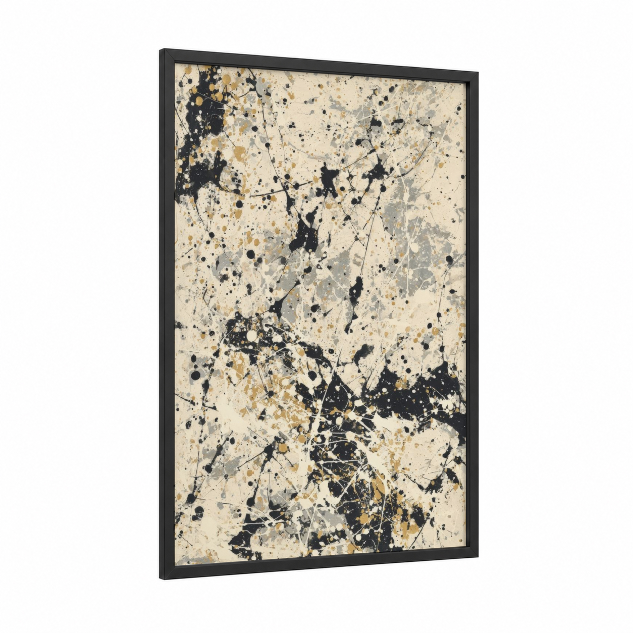 Splatter Energy framed abstract expressionism print — black wood frame — black and gold palette