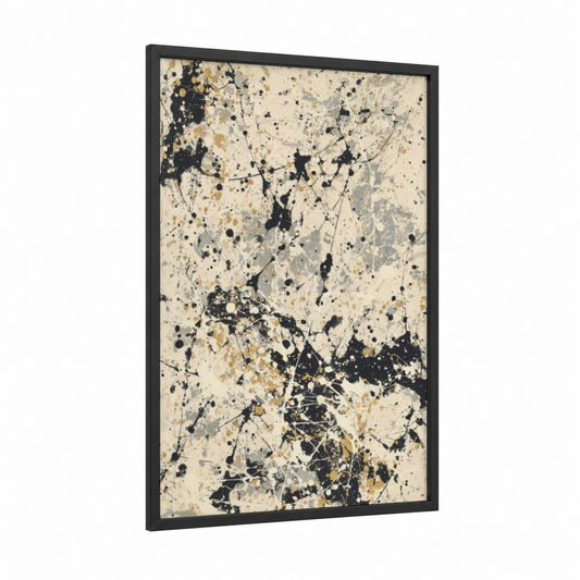 Splatter Energy framed abstract expressionism print — black wood frame — black and gold palette
