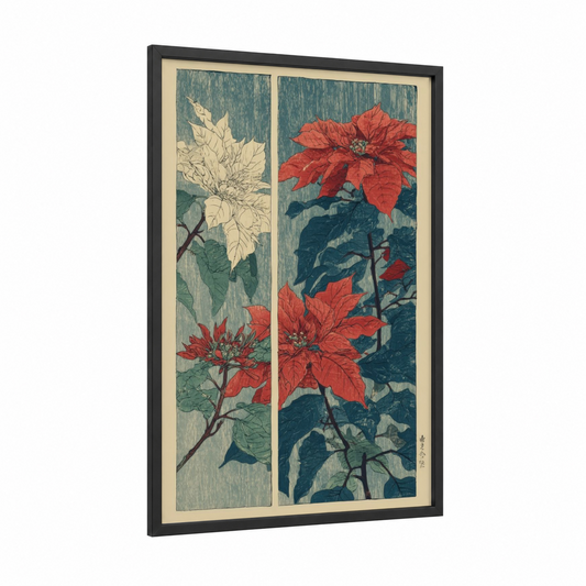 Festive Poinsettia Diptych framed poinsettias print — black wood frame — red and teal palette