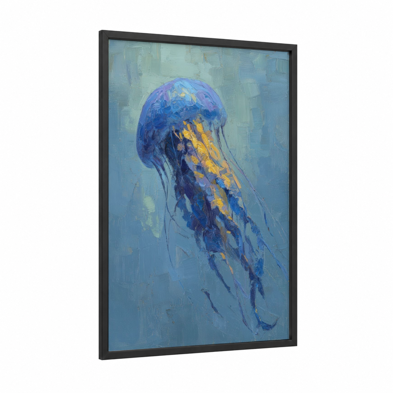 Golden Jellyfish framed art print — black wood frame — blue and gold palette