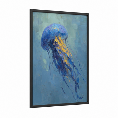 Golden Jellyfish framed art print — black wood frame — blue and gold palette