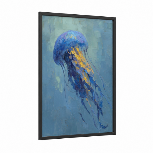 Golden Jellyfish framed art print — black wood frame — blue and gold palette