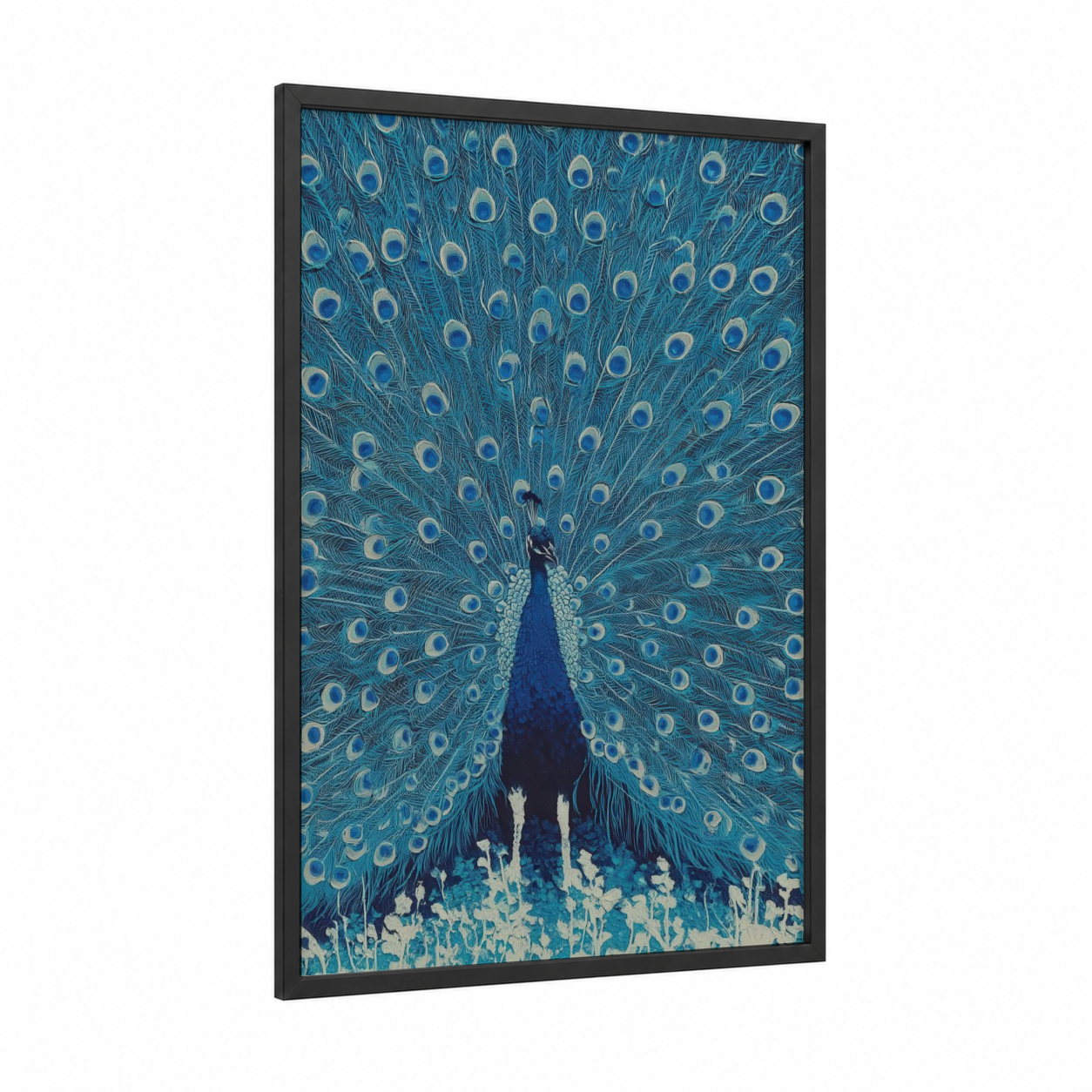 Teal Peacock Display framed art print — black wood frame — teal and cream palette