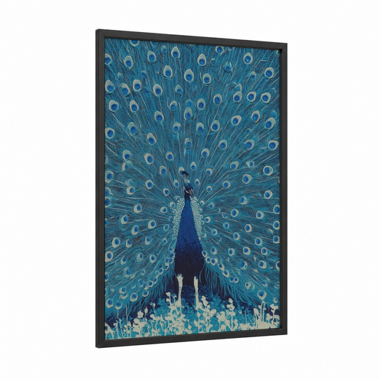 Teal Peacock Display framed art print — black wood frame — teal and cream palette