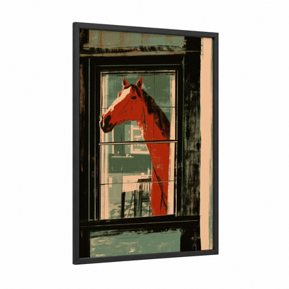 Scarlet Stablemate framed thoroughbred horse print — black wood frame — red and green palette