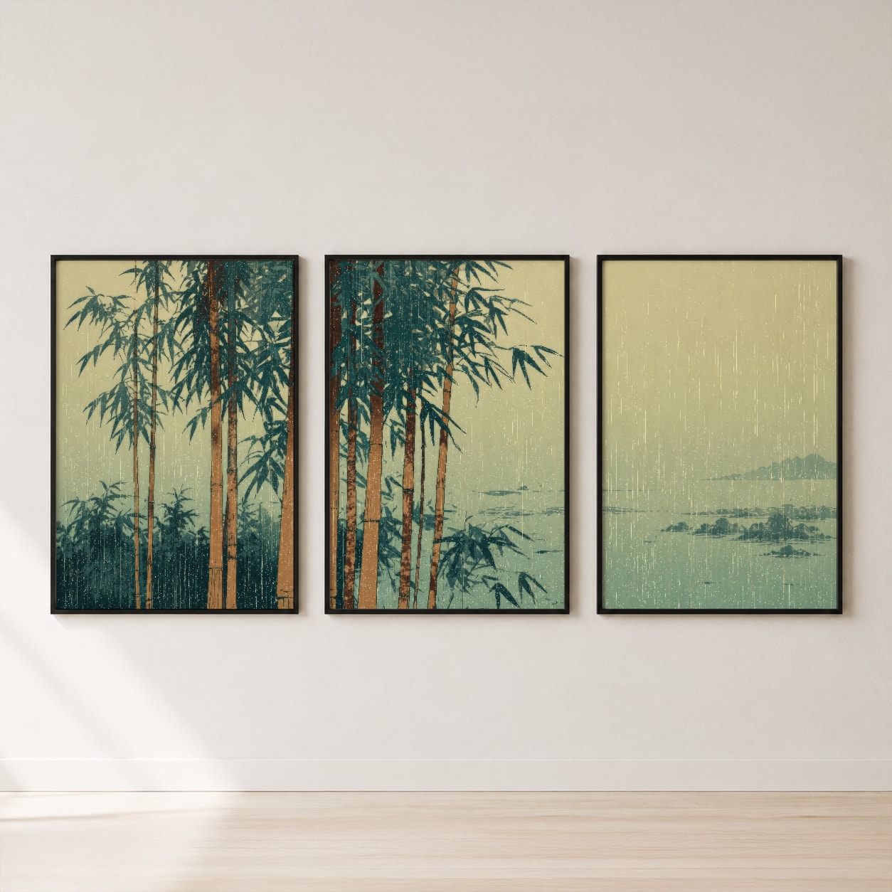 Japanese Bamboo Rain Triptych Wall Art Set — set hero