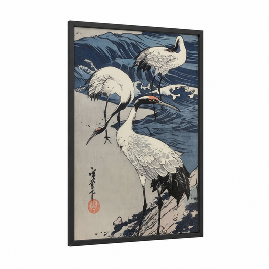 Coastal Cranes framed art print — black wood frame — dark blue and white palette