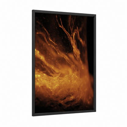 Molten Gold Flow framed glassworking print — black wood frame — gold and black palette