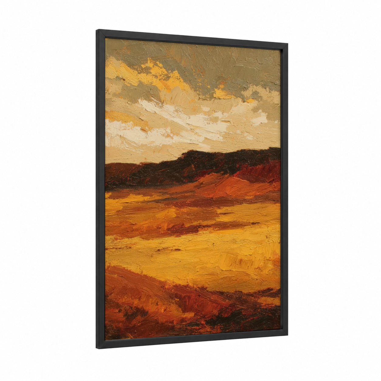 Golden Dune Horizon framed art print — black wood frame — yellow gold and russet palette