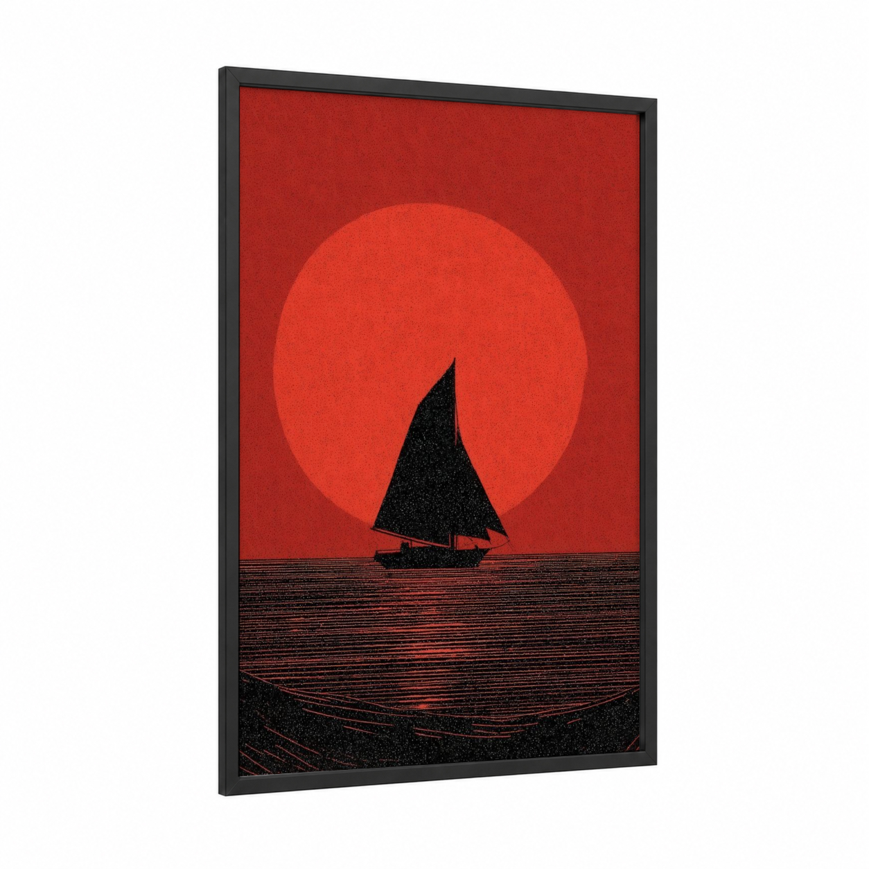 Crimson Sunset Sailing framed art print — black wood frame — red and black palette