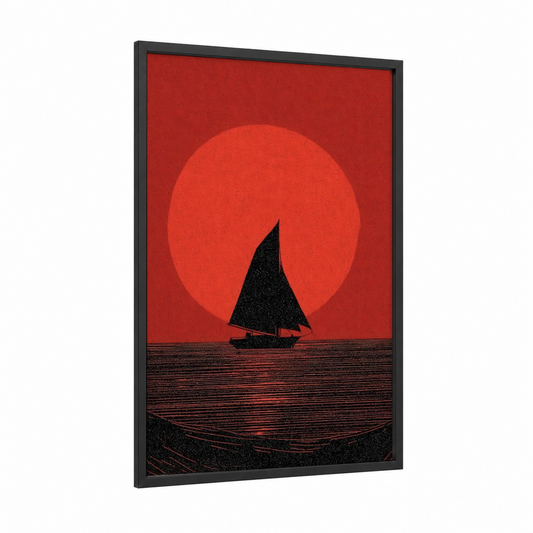 Crimson Sunset Sailing framed art print — black wood frame — red and black palette