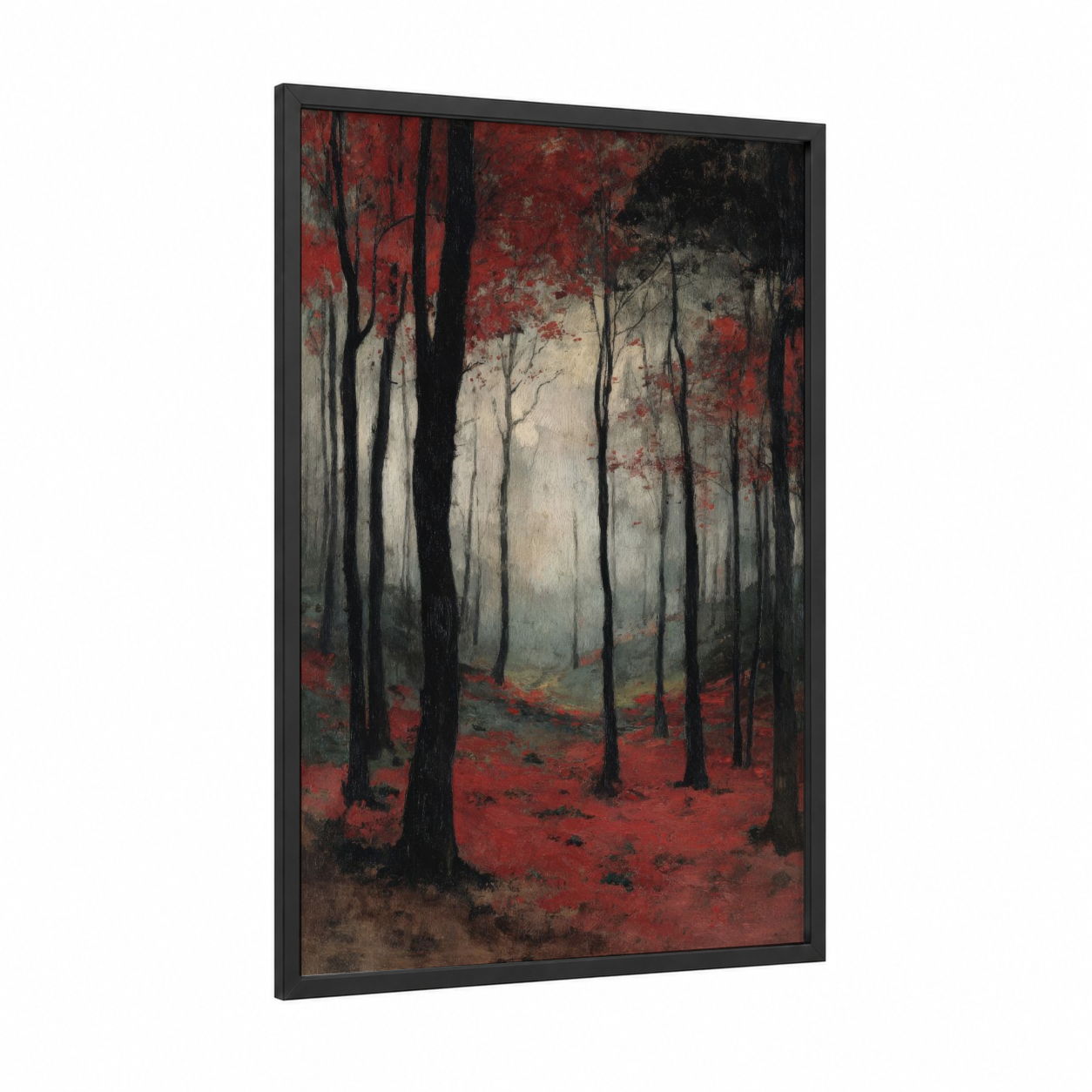 Crimson Forest Autumn framed art print — black wood frame — red and black and white palette
