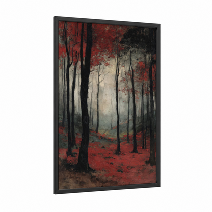 Crimson Forest Autumn framed art print — black wood frame — red and black and white palette