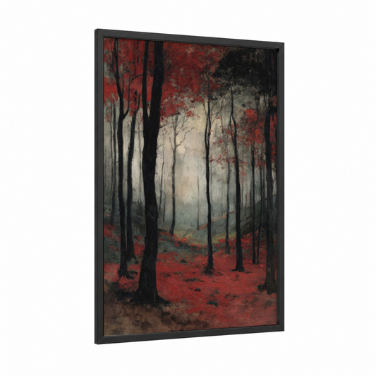 Crimson Forest Autumn framed art print — black wood frame — red and black and white palette