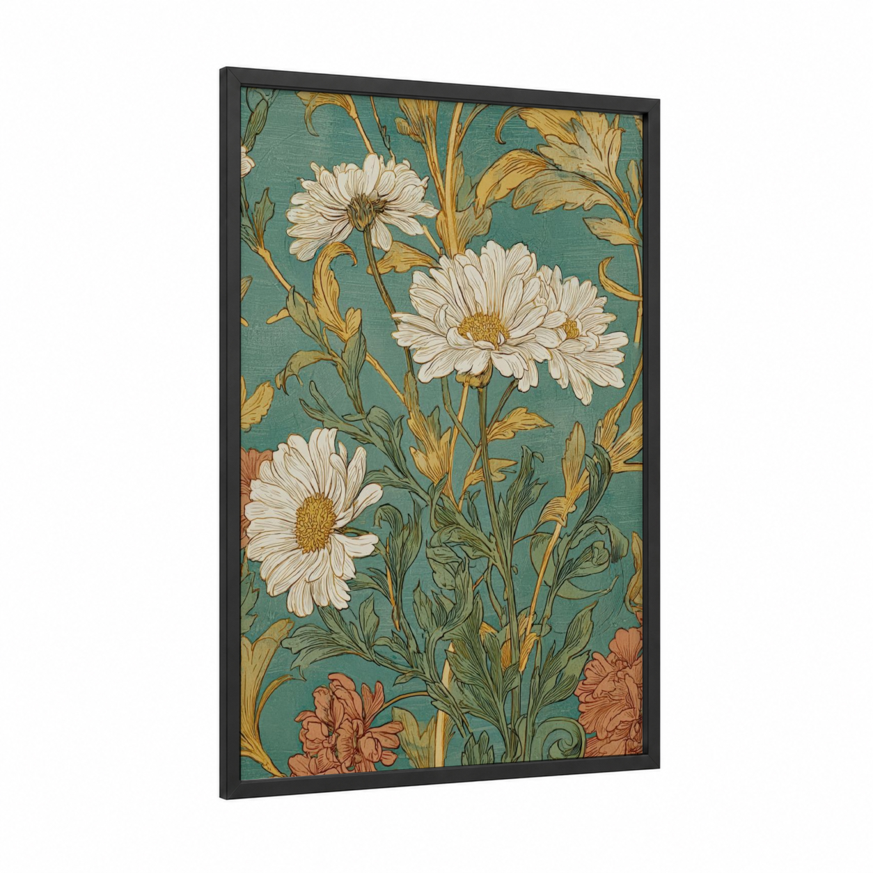 Vintage Daisy Bouquet framed art print — black wood frame — teal and gold palette