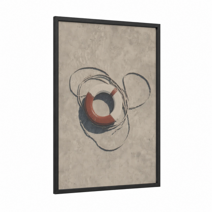 Minimalist Life Ring framed art print — black wood frame — cream and dove gray palette