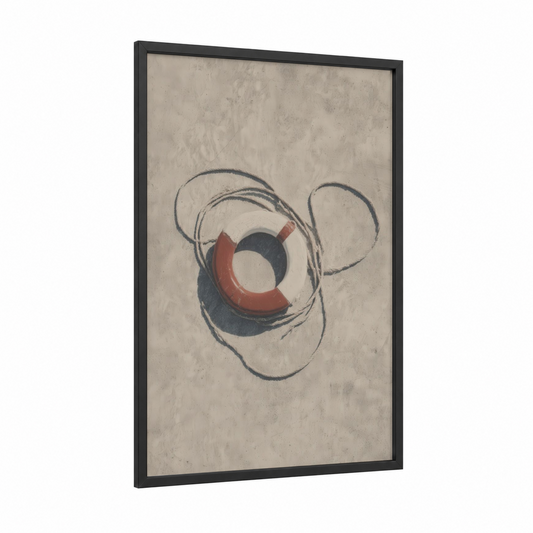 Minimalist Life Ring framed art print — black wood frame — cream and dove gray palette