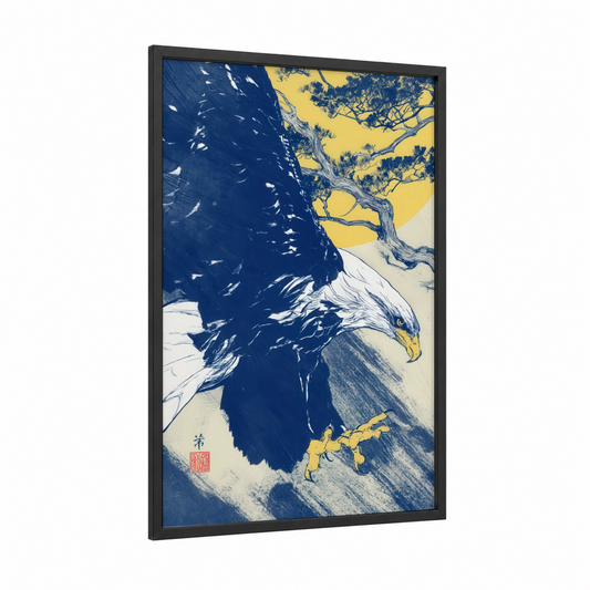 Soaring Eagle framed art print — black wood frame — dark blue and yellow gold palette
