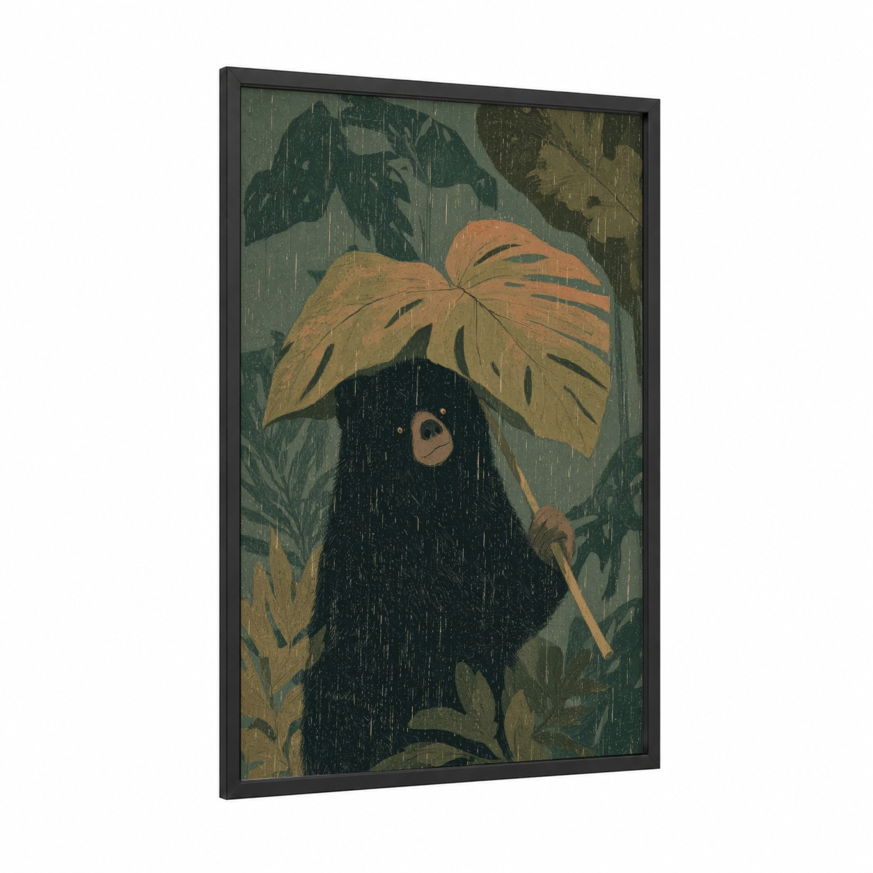 Rainy Bear Shelter framed sloth bear print — black wood frame — dark green and gold palette