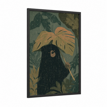 Rainy Bear Shelter framed sloth bear print — black wood frame — dark green and gold palette