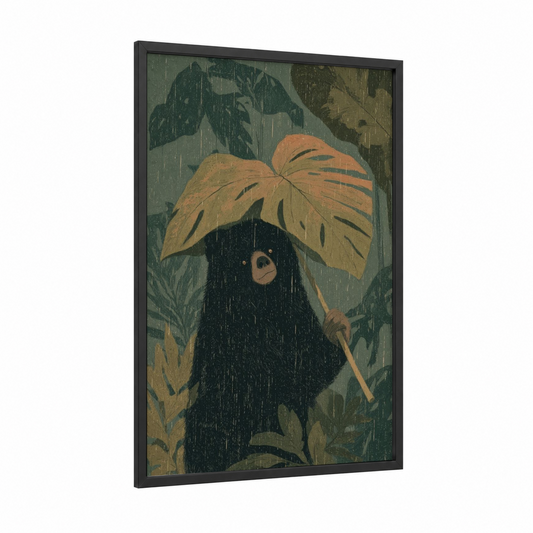 Rainy Bear Shelter framed sloth bear print — black wood frame — dark green and gold palette