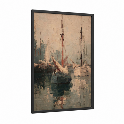 Misty Harbor Sailboats framed sailing ship print — black wood frame — beige and dove gray palette