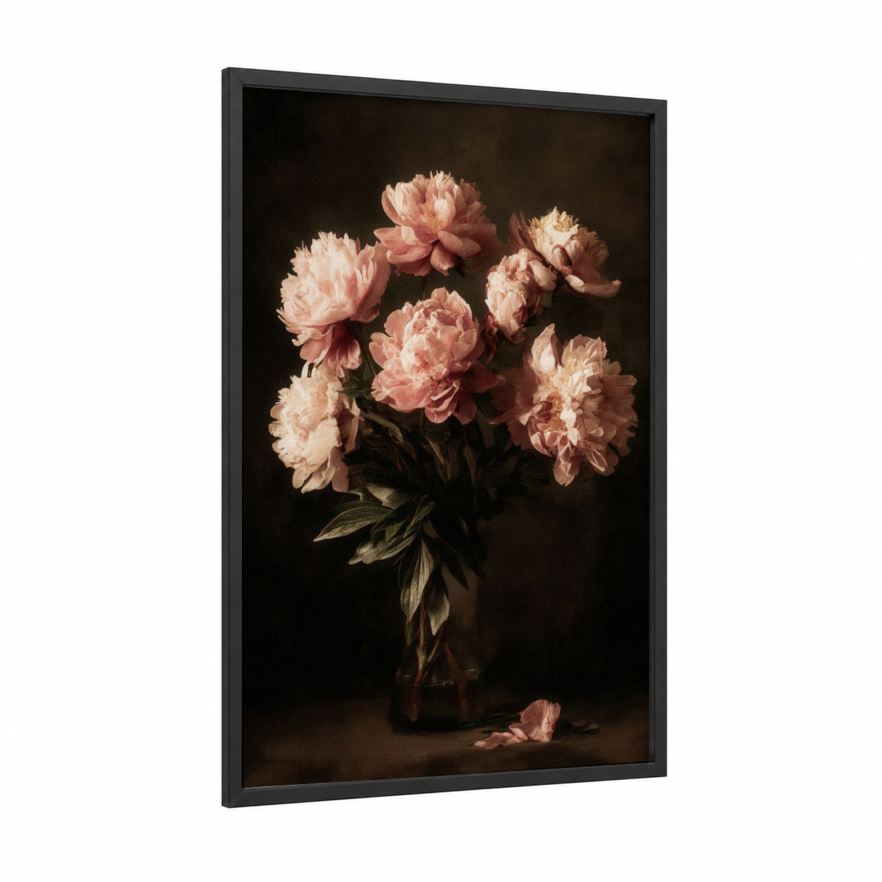 Romantic Peony Bouquet framed art print — black wood frame — salmon pink and black palette
