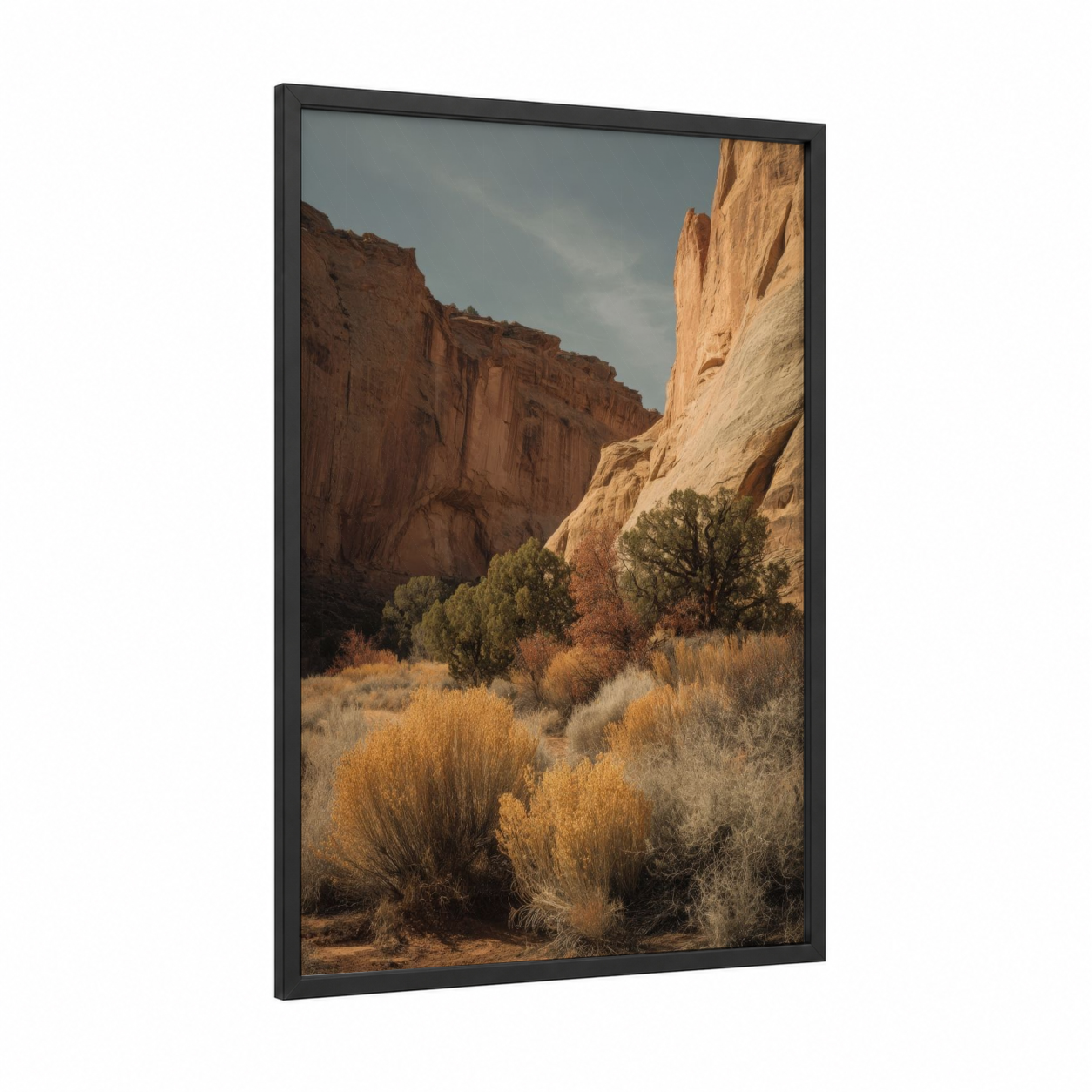 Desert Canyon Vista framed cliff print — black wood frame — russet and gold palette