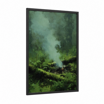 Misty Forest Campsite framed camping print — black wood frame — green and gray palette